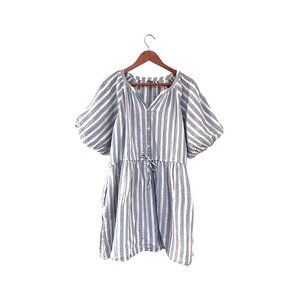 Old Navy Women's Striped Blue & White Cotton Puff Sleeve V-Neck Dress Size L